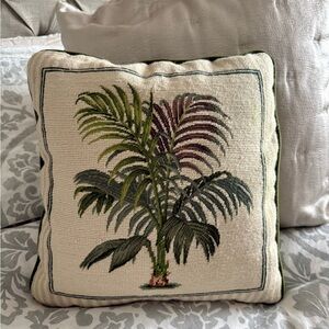 Needlepoint Palm Tree Throw Pillow 15" Tropical Coastal Beige Stripe Handmade